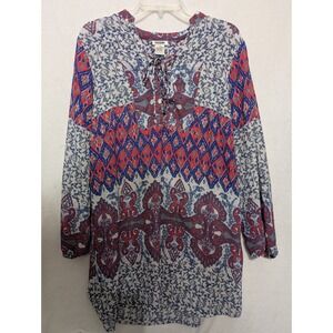 Dizzire Womens 1X Tunic Top Red Blue Paisley Geometric Lace Up Neck Long Sleeve